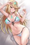 1girl alluring big_breasts bikini blonde_hair blush breasts chest_jewel earrings insanely_hot jewelry long_hair looking_at_viewer lying mythra mythra_(xenoblade) nintendo on_back parted_lips r-binon side-tie_bikini straight_hair sweatdrop swimsuit thighs tiara very_long_hair xenoblade_(series) xenoblade_chronicles_2 yellow_eyes