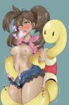  1girl ahegao boy_(badboy3316) breasts brown_hair game_freak jean_shorts nintendo nipples open_mouth pokemon pokemon_(anime) pokemon_(game) pokemon_xy saliva sana_(pokemon) shauna_(pokemon) shuckle tentacle 