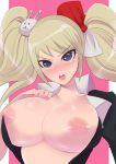 1girl areolae blonde_hair blue_eyes blush breasts breasts_outside danganronpa female hair_ornament hair_ribbon large_breasts long_hair looking_at_viewer nipples open_mouth ribbon simple_background solo sweat twintails upper_body 