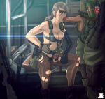  1boy 1girl big_boss bikini blue_eyes breasts brown_hair cleavage explosive facepaint fellatio front-tie_bikini front-tie_top grenade gun hetero highres holster jesus_avalos long_hair metal_gear_(series) metal_gear_solid metal_gear_solid_v mismatched_gloves open_fly oral pantyhose penis planted_weapon ponytail pumpkinsinclair quiet quiet_(metal_gear) rifle single_elbow_glove sitting sniper_rifle soldier suspenders swimsuit thigh_holster torn_clothes torn_pantyhose uncensored unzipped weapon 