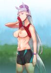 1girl :/ animal_ears areola bangs bare_arms bare_shoulders big_breasts blue_sky blunt_bangs breasts bridle closed_mouth clothing day erect_nipples gold_ship_(umamusume) groin half-closed_eyes hand_up hip_focus hips horse_ears horse_girl horse_tail jack_hamster lifted_by_self long_hair navel nipples no_bra outside perky_breasts purple_eyes red_shirt shirt shorts silver_hair sky sportswear standing sweat tail thighs toned uma_musume_-_pretty_derby umamusume very_long_hair white_hair wiping_face wiping_sweat