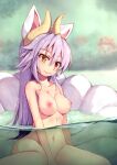  1girl 1girl 1girl animal_ears blurry blurry_background breasts clavicle closed_mouth completely_nude forest fox_tail heterochromia high_resolution horns kitsunemimi kuon_(shinrabanshou) kyuubi long_hair looking_at_viewer medium_breasts multiple_tails nature navel nude outside partially_underwater_shot purple_hair saru_000 shinrabanshou smile tail 