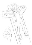  1girl anime armpits arms_out blush bondage closed_eyes feet hips laughing machine monochrome nipples nude nudity rough_sketch short_twintails sketch small_breasts tears tickling wall 