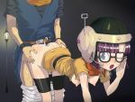  1boy 1girl adjusting_glasses anal antennae ass bad_id bent_over bike_shorts bitchen blue_eyes blue_hair blush breasts breath chrono_(series) chrono_trigger clothed_sex crono cum cum_in_pussy cum_on_ass cum_on_body cum_on_lower_body doggy_position glasses hair hanging_breasts headgear helmet hetero lamppost leg_hair lucca lucca_ashtear neckerchief nipples one_eye_closed open_clothes open_mouth open_shirt purple_hair sex shirt short_hair trembling wink wristband 