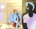 2014 anthro anthrofied being_watched blue_body blue_feathers blue_fur blush breasts clothing duo equid equine feathered_wings feathers female fingering friendship_is_magic fur genitals hair hasbro hi_res inside locker locker_room long_hair looking_at_another male mammal masturbation multicolored_hair my_little_pony navel nipples nude open_mouth pegasus princess_hinghoi pussy rainbow_dash_(mlp) rainbow_hair thunderlane_(mlp) vaginal vaginal_masturbation wings
