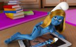  1girl blue_eyes blue_skin books breast hand_on_hip long_hair nipples nude pose smile smurfette tablet the_smurfs wood_floor 