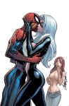 1boy 2_girls 2girls anti_hero arm arms art ass bare_arms bare_shoulders belt black_bodysuit black_cat_(marvel) blue_eyes bodysuit breasts caucasian caucasian_female cleavage closed_eyes clothed_female comic_book_character couple domino_mask felicia_hardy hair hug huge_breasts hugging j._scott_campbell jealous kissing light-skinned_female lipstick long_hair looking_at_another love makeup marvel marvel_comics mary_jane_watson mask mature_female multiple_girls nipples pants peter_parker red_hair red_lipstick redhead simple_background skin_tight skintight_bodysuit spider-man spider-man_(series) standing topless white_background white_hair