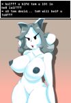 1girl anthro anthro_only breasts canid canine clothed clothing english_text felid feline female_only furry genitals gradient_background hair low_res mammal nude nude_anthro nude_female temmie temmie_(undertale) text topwear undertale undertale_(series) video_games white_body