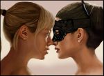 2girls art bare_shoulders batman_(series) black_hair blonde_hair catwoman crossover dc dc_comics dc_universe domino_mask earrings eye_contact face-to-face female female_only gwen_stacy hair heroforpain highres incipient_kiss jewelry lips lipstick looking_at_another love marvel marvel_comics mask multiple_girls mutual_yuri neck nude open_mouth ponytail red_lipstick selina_kyle short_hair spider-man_(series) upper_body yuri