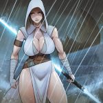  1girl athletic_female bare_legs belt big_breasts blue_eyes breasts brown_hair cleavage death_star devil_hs double_bladed_lightsaber female female_only highres hood hood_up huge_breasts lightsaber looking_at_viewer muscular_female no_pants outdoor outside rain raining rey rey_(star_wars) standing star_wars the_rise_of_skywalker thick_thighs water weapon 
