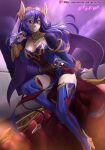 1girl absurd_res alluring alternate_costume backlighting blue_eyes blue_hair blue_legwear boots breasts cleavage couch demon_wings detached_sleeves fake_horns falchion_(fire_emblem) fire_emblem fire_emblem_awakening grin halloween high_heels high_res horned_headwear horns indoors insanely_hot long_hair long_sleeves lucina lucina_(fire_emblem) medium_breasts nintendo on_couch patreon_username playing_with_own_hair short_shorts shorts signature smile stockings strapless symbol-shaped_pupils thigh_high_boots thighs veil vilde_loh_hocen voluptuous wings 