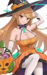 1girl 2021 alluring arm_up bangs big_breasts blonde_hair bowtie breasts candy cleavage core_crystal detached_collar detached_sleeves earrings female_focus female_only gold_eyes gonzarez halloween hat high_res large_hat leggings light_blush long_hair looking_at_viewer mythra mythra_(xenoblade) nintendo orange_clothing pumpkin simple_background sitting smile swept_bangs thick_thighs thighs voluptuous white_background white_leggings witch witch_costume witch_hat xenoblade_(series) xenoblade_chronicles_2