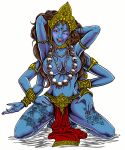 bedroom_eyes blasphemous_art blue_skin blush brown_hair earrings extra_arms extra_eyes headdress hinduism kali kneel milf mythology naughty_face necklace purple_eyes sexy sexy_ass sexy_body sexy_breasts tattoo tongue wink