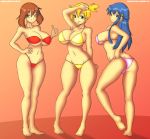  3girls armpits arms ass back bangs bare_back bare_feet bare_shoulders barefeet belly big_breasts big_chest bikini blonde blonde_hair blue_eyes blue_hair breasts brown_hair calves cheeks chest chin elbows eyebrows eyelashes feet female_only females fingers full_body gigantic_breasts girls gradient gradient_background green_eyes hair hair_ties hands haruka_(pokemon) hikari_(pokemon) hips huge_breasts kasumi_(pokemon) knees large_breasts legs long_hair looking_at_viewer multiple_girls navel neck orange_background orange_hair pokemon short_hair shoulders sideboob skyraptor stomach thick_thighs thighs thumbs_up toes web_address web_address_without_path women 