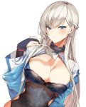  1girl alternate_costume azur_lane bangs belfast_(azur_lane) blue_eyes blush braid breasts chain china_dress chinese_clothes cleavage collar dress earrings hand_up heart_earrings jewelry large_breasts long_hair looking_at_viewer shrug_(clothing) sidelocks silver_hair simple_background smile sweatdrop upper_body white_background 