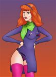  1_girl 1girl bra clothed daphne_blake dress female female_human female_only hairband human mostly_clothed panties purple_dress purple_hairband red_hair redhead scooby-doo solo standing stockings thighs torn_clothes torn_dress 