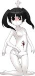  1girl black_eyes black_hair blush extra_arms flat_chest messier_number monochrome monoko monster_girl pale_skin panties ponytails simple_background solo stomach_wound tears twintails underwear what white_background white_skin yume_nikki 