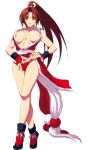  1girl areola areolae breasts brown_eyes brown_hair fatal_fury hand_in_panties highres japanese_clothes king_of_fighters long_hair mai_shiranui ninja nipples open_clothes open_shirt panties pelvic_curtain ponytail revealing_clothes shiranui_mai shirt snk solo the_king_of_fighters underwear 