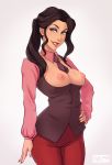 1girl asami_sato avatar:_the_last_airbender breastless_clothes breasts business_suit eyeshadow female_only gradient gradient_background green_eyes grin hand_on_hip long_hair makeup nail_polish nipples no_bra owler pants revealing_clothes smile solo_female the_legend_of_korra* topless
