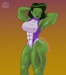 abs armpits arms_behind_head arms_up biceps big_ass big_breasts closed_eyes evil_raccoon green_hair green_skin jennifer_walters leotard long_hair marvel marvel_cinematic_universe marvel_comics muscle muscular muscular_female she-hulk smile thick_thighs thighs