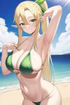 1girl alluring beach big_breasts bikini blonde_hair cleavage green_eyes leafa nightcore_(artist) ocean posing sea sword_art_online