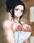 1girl big_breasts big_nipples black_hair blue_eyes breasts female_focus female_only large_areolae long_hair mature mature_female nico_robin nipples one_piece shounen_jump solo_female solo_focus steam towel ttrop