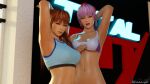 1girl 2_girls 3d alluring arm_behind_head arms_behind_head ayane ayane_(doa) big_breasts cleavage dead_or_alive dead_or_alive_2 dead_or_alive_3 dead_or_alive_4 dead_or_alive_5 dead_or_alive_6 dead_or_alive_xtreme_beach_volleyball female_only kasumi kasumi_(doa) looking_at_viewer orange_hair ponytail pose posing purple_hair red_eyes sensual silf silfs sisters smile sports_bra sportswear tecmo