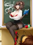 1girl 2015 anthro apple big_breasts blue_eyes book bra breasts brown_hair chalkboard choker classroom cleavage clothed clothing desk detailed_background digital_media_(artwork) english_text eyelashes fruit fur furry garter_straps grey_fur hair hair_bun heart hedgehog high_heels huge_breasts inside legwear lips looking_at_viewer madturtle mammal mature_female milf parent pink_nose quinn_(madturtle) raised_arm ring ruler sitting skirt smile solo_focus stockings student teacher text thick_thighs underwear voluptuous wide_hips