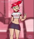 belly cartoon_network evil_raccoon foster&#039;s_home_for_imaginary_friends frankie_foster green_eyes light-skinned_female light_skin miniskirt one_eye_closed red_hair redhead small_breasts tongue tongue_out v