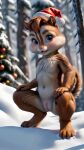  1girl absurd_res ai_generated alvin_and_the_chipmunks blue_eyes blush brittany_miller brown_fur chipettes christmas_tree cleft_of_venus completely_nude cub female_focus furry furry_female hat navel nude pussy santa_hat small_breasts snow spread_legs 