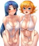  2girls :d asymmetrical_docking bangs barefoot big_breasts bikini blonde_hair blue_eyes blue_hair blunt_bangs blush breast_press breasts cleavage clenched_hands collarbone cross-laced_clothes cute embarrassed flipped_hair groin hair hands_on_thighs heart hime_cut igawa_sakura kagami_hirotaka kneeling large_breasts leaning_forward lilith-soft long_hair looking_at_viewer multiple_girls navel nose_blush o-ring_bikini o-ring_top official_art one-piece_swimsuit open_mouth orange_hair parted_bangs parted_lips red_eyes shiny shiny_hair short_hair side-by-side sideboob simple_background sling_bikini smile string_bikini swimsuit taimanin_(series) taimanin_asagi taimanin_asagi_battle_arena taimanin_asagi_kessen_arena thigh_gap transparent_background very_long_hair white_bikini white_swimsuit yatsu_murasaki 