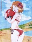  2016 alluring ass beach beach_ball bikini deviantart flower poke_ball pokemon pokemon_xy red_bikini red_bra red_panties serena serena_(pokemon) shinamvec side-tie_bikini side-tie_panties 