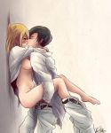 1boy 1girl against_wall artist_request ass attack_on_titan black_hair blonde_hair blush bottomless breasts closed_eyes clothed_sex held_up hetero highres kissing levi_(shingeki_no_kyojin) nipples nude open_clothes petra_ral pussy sex shingeki_no_kyojin shirt shirt_lift vaginal wall