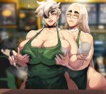  2_girls apron blue_eyes breast_grab breast_squeeze closed_eyes earrings eyepatch gigantic_ass gigantic_breasts green_apron hourglass_figure iced_latte_with_breast_milk incest jujunaught lactation lesbian long_hair milf mother_&amp;_daughter sexy sexy_ass sexy_body sexy_breasts smirk starbucks starbucks_breastmilk_meme sweat take_your_pick yuri 