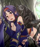 1girl all_fours bare_shoulders beastiality bent_over blue_gloves blush breasts cum cum_in_pussy detached_sleeves ear_licking fingerless_gloves gloves hairband insect kneeling licking long_hair mingaru nipples open_mouth pointy_ears purple_hair red_eyes sex small_breasts spread_legs sword sword_art_online tongue tongue_out torn_clothes vaginal weapon yuuki_(sao) 