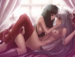  2girls ass black_hair breasts curtains face-to-face fujiwara_no_mokou grin hair hair_ornament hair_ribbon hand_on_another&#039;s_face hater_(artist) high_res houraisan_kaguya kneehighs kneel long_hair looking_at_another lying midriff multiple_girls navel nipples nude off_shoulder on_back on_bed on_person open_clothes open_mouth open_shirt pants pants_pull profile red_eyes ribbon shirt short_sleeves silver_hair skirt smile topless touhou very_long_hair yuri 
