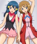 2girls :d :o absurd_res absurdres alluring arm arm_up arms art babe bare_arms bare_legs bare_shoulders bed black_dress blue_eyes blue_hair blush collarbone dawn dawn_(pokemon) dress from_above hair hair_ornament hand_holding high_res highres hikari_(pokemon) kuro_hopper legs light_brown_hair long_hair looking_at_viewer lying multiple_girls mutual_yuri neck nintendo no_hat on_back open_mouth panties pantyshot pantyshot_(lying) pink_dress pink_skirt pokemon pokemon_(anime) pokemon_(game) pokemon_dppt pokemon_xy red_scarf scarf serena serena_(pokemon) short_hair skirt sleeveless sleeveless_dress smile vest yuri 