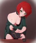  1girl big_breasts breasts down_blouse eyebrows_visible_through_hair female_only female_solo green_eyes high_resolution kintsugi leaning_forward looking_at_viewer mole mole_under_mouth nipple_piercing no_bra off_shoulder original original_character piercing pudgeruffian red_hair seductive_smile short_hair smile solo_female solo_focus very_high_resolution 