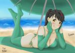 1girl absurd_res ass beach beach_towel bikini black_hair blush breasts cleavage collarbone day elbow_gloves feet feet_up green_bikini hair_ornament hairclip hands_on_own_face iwato_suzume legs_up looking_at_viewer ocean on_stomach outside ponytail sand side-tie_bikini smile stockings suzume_no_tojimari swimsuit teen the_pose thong_bikini tongue tongue_out towel umbrella yellow_eyes