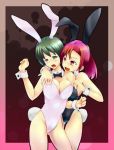 2girls :d :o animal_ears arm arms art bare_arms bare_legs bare_shoulders big_breasts black_clothes blush bowtie breasts bunny_ears bunny_girl bunny_tail bunnysuit cleavage clenched_hand detached_collar embarrassed fake_animal_ears from_behind gradient gradient_background green_eyes green_hair hair highres legs leotard lioh666_(artist) looking_at_another looking_down mound_of_venus multiple_girls naughty_face neck open_mouth original pulling red_eyes red_hair revealing_clothes shiny shiny_hair short_hair shy skin_tight smile standing strapless tail white_clothes wrist_cuffs yuri