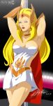  1girl art babe big_breasts blonde_hair blue_eyes breasts cleavage dress hair lipstick long_hair looking_at_viewer masters_of_the_universe neck neck_ring pole she-ra skirt stiky_finkaz strapless strapless_dress white_dress wink 