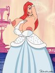  arm_behind_head breasts_out_of_clothes cinderella cinderella_(cosplay) cosplay disney gigantic_breasts green_eyes hair_over_one_eye holding_breasts holding_own_breasts jessica_rabbit red_hair skirbinator white_dress who_framed_roger_rabbit 