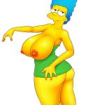  1girl ass black_eyes blue_hair breasts clothing female female_only green_dress huge_breasts marge_simpson mostly_nude nipples pbrown simple_background the_simpsons white_background yellow_skin 