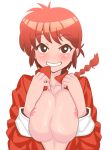  1girl areolae black_eyes braid breast_squeeze breasts chinese_clothes female genderswap grin large_breasts long_hair looking_at_viewer open_clothes open_shirt ranma-chan ranma_1/2 ranma_saotome red_hair saotome_ranma shirt single_braid smile solo tangzhuang upper_body 
