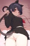 1girl 1girl 1girl :o animal_ears anus archway_of_venus ass bangs bed bed_sheet black_hair black_hair_ornament black_hairband black_shirt black_skirt blunt_bangs blush breasts cat_ear cat_girl cat_tail cleft_of_venus eyebrows_visible_through_hair fake_animal_ears fake_tail fang feet_out_of_frame from_behind gin00 gusset hairband high_resolution idolmaster indoors innie long_sleeves looking_at_viewer looking_back miniskirt morino_rinze mound_of_venus nail_polish nekomimi on_bed paid_reward paipan parted_lips pillow pleated_skirt pussy red_eyes red_nails shirt short_hair skin_fang skirt small_breasts tail tail_grab the_idolm@ster:_shiny_colors thigh_gap thighs uncensored upskirt very_high_resolution 