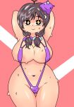 1girl areola armpits arms_above_head arms_behind_head arms_up belly_button big_breasts bikini bodily_fluids c-moon_art curvy female_only grin hands_behind_head hourglass_figure indie_virtual_youtuber latam_virtual_youtuber looking_at_viewer nimu_vt simple_background sling_bikini smile smiling_at_viewer star-shaped_pupils sweat swimsuit swimwear tagme thick_thighs virtual_youtuber voluptuous wide_hips