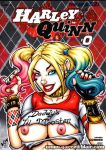 1girl batman_(series) blonde_hair blue_eyes breasts comic_cover dc_comics female_only garrett_blair harley_quinn highlights nipples pigtails red_lipstick smile solo_female suicide_squad torn_clothes twin_tails
