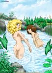 2_girls ass bitter_night blonde_hair breasts brown_hair candice_white candy_candy comic cute female_only hair looking_at_viewer looking_back multiple_girls nipples nude outside palcomix patricia_o&#039;brien short_hair water