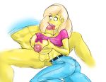  big_breasts big_nipples breasts fellatio lick oral paizuri testicles the_simpsons titania_(the_simpsons) tongue white_background yellow_skin 