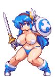  1girl animated armor bikini_bottom blue_eyes blue_hair boots bouncing_breasts breasts clothed fighting_stance gif gloves hairband huge_breasts long_hair lowres navel original panties pasties pixel_art pixelated sb sb_(coco1) shield solo sword tecna_(yumurama) topless warrior weapon 